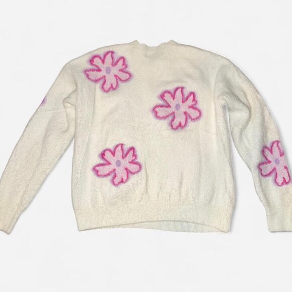 White and Pink Floral Fuzzy Sweater WOMENS SIZE SMALL - Picture 6 of 7